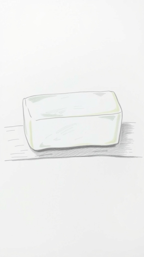 A pencil drawing of a stick of butter with shading on a wooden surface.